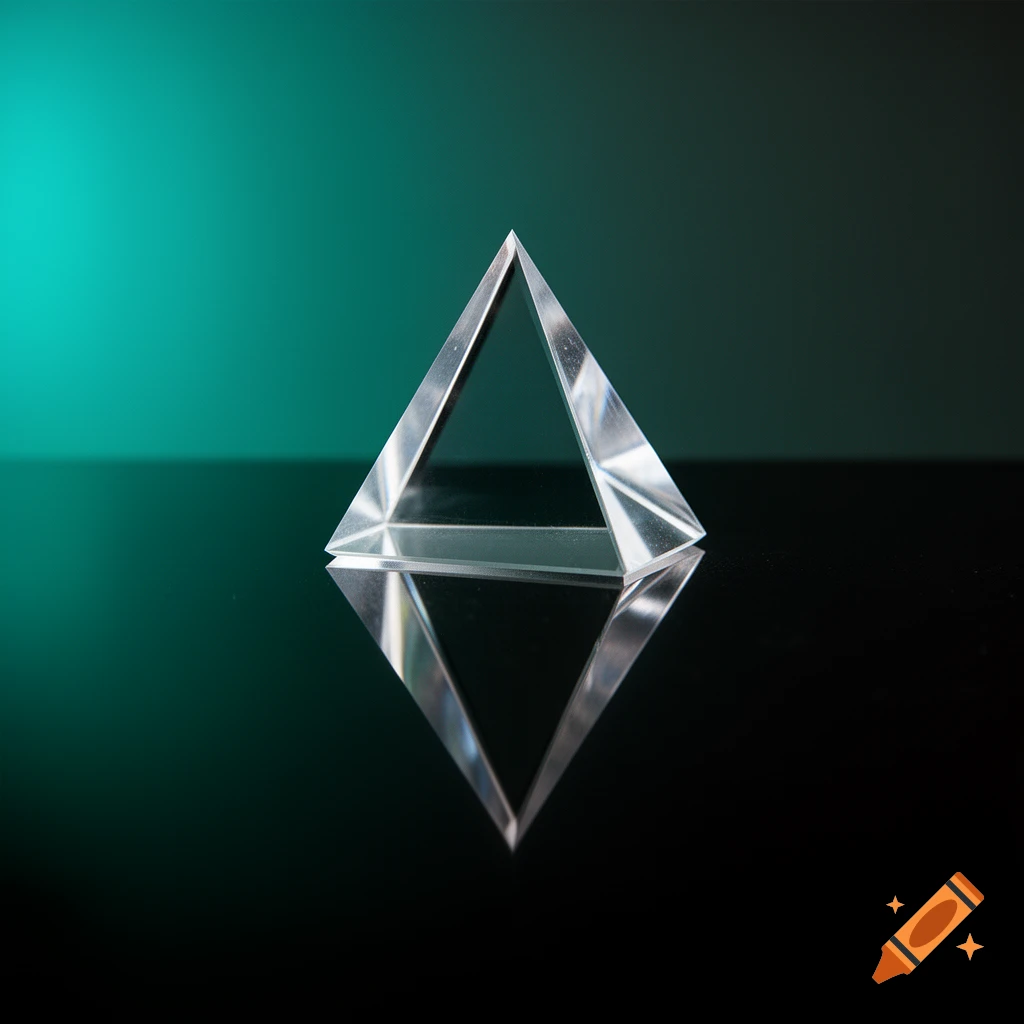 A clear glass prism stands on a reflective black surface with a teal background.