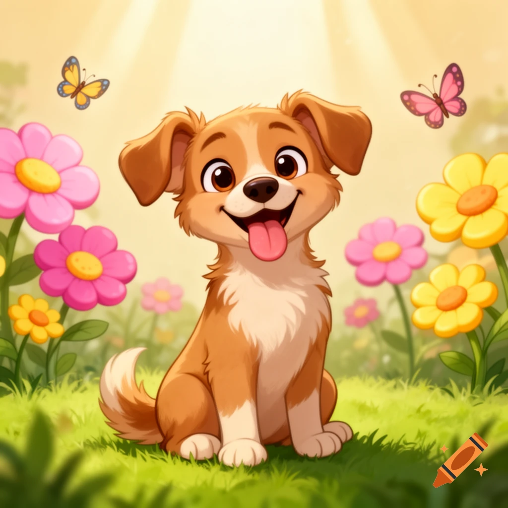 A happy cartoon dog sits in a sunny field surrounded by colorful flowers and butterflies.