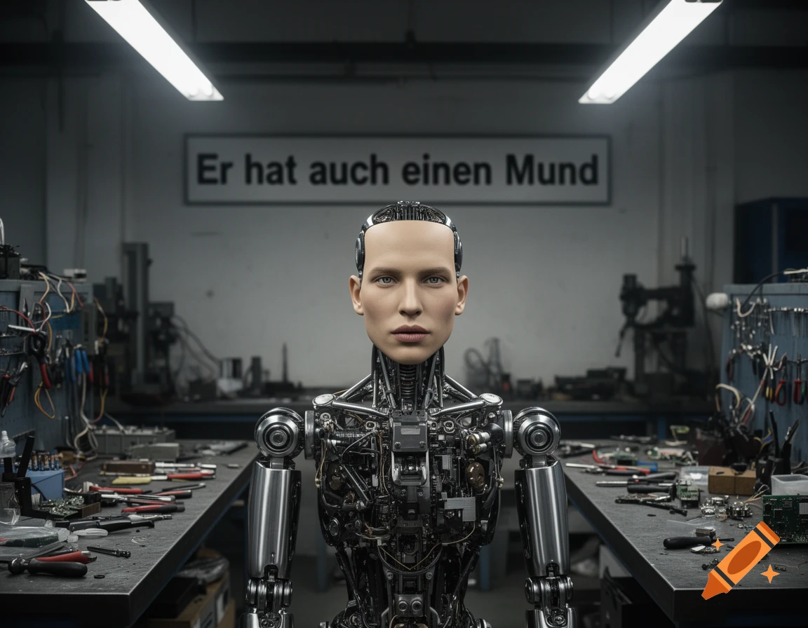 A photorealistic humanoid robot's head and exposed mechanical torso in a cluttered workshop, with a sign in German above.