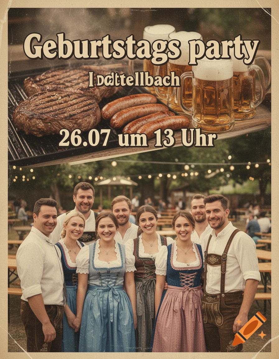 A vintage-style flyer showing grilled steaks, sausages, and beer mugs above a group of smiling people in traditional German dirndls and lederhosen at an outdoor party.
