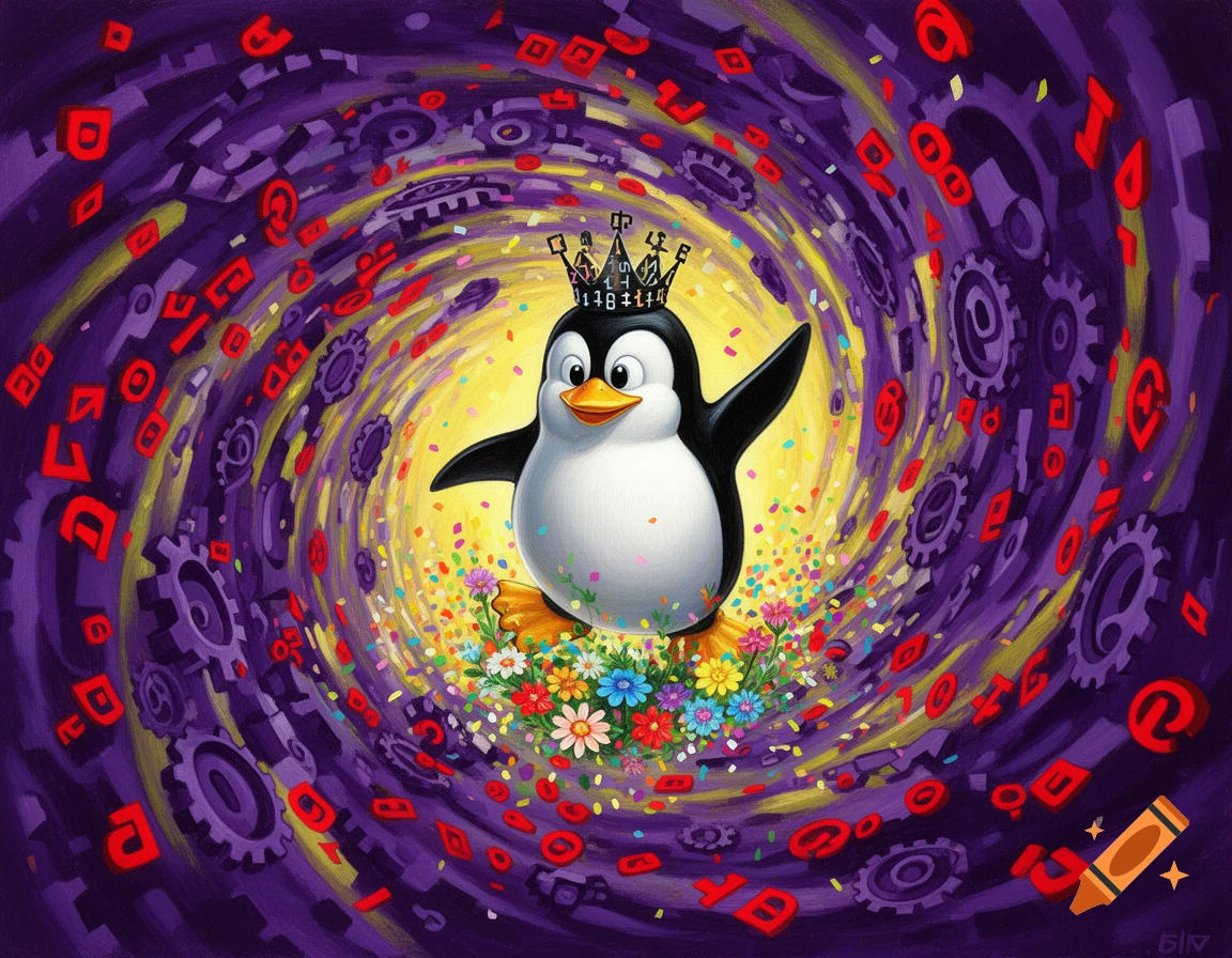 A cartoon penguin wearing a crown made of code brackets stands on a bed of flowers and confetti. He is surrounded by a swirling purple and yellow vortex filled with red error symbols and broken gears.