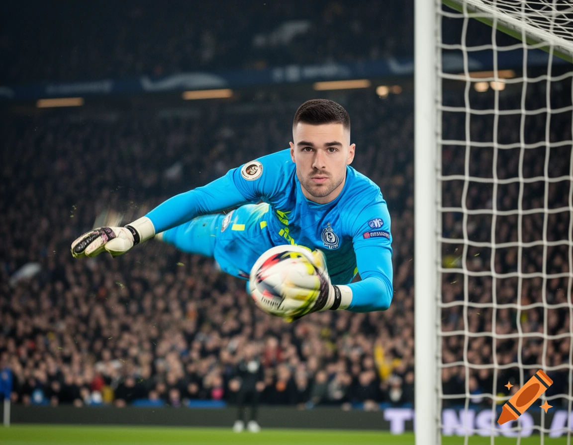 A male soccer goalkeeper in a blue and yellow uniform dives horizontally to catch a soccer ball in front of a goal during a game in a packed stadium.