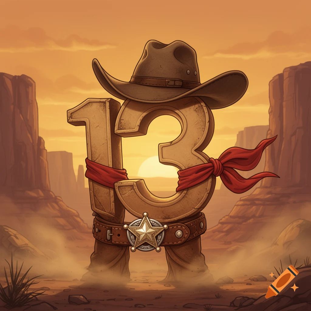 An illustration of the number 13 dressed as a cowboy with a hat, red bandana, and sheriff belt against a desert sunset.