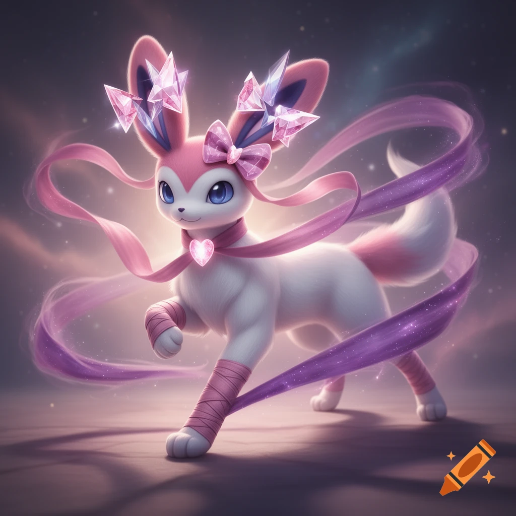 A glowing, stylized Sylveon-like creature with white fur, pink accents, blue eyes, crystal-adorned ears, and ribbons, stands in a fantasy setting.