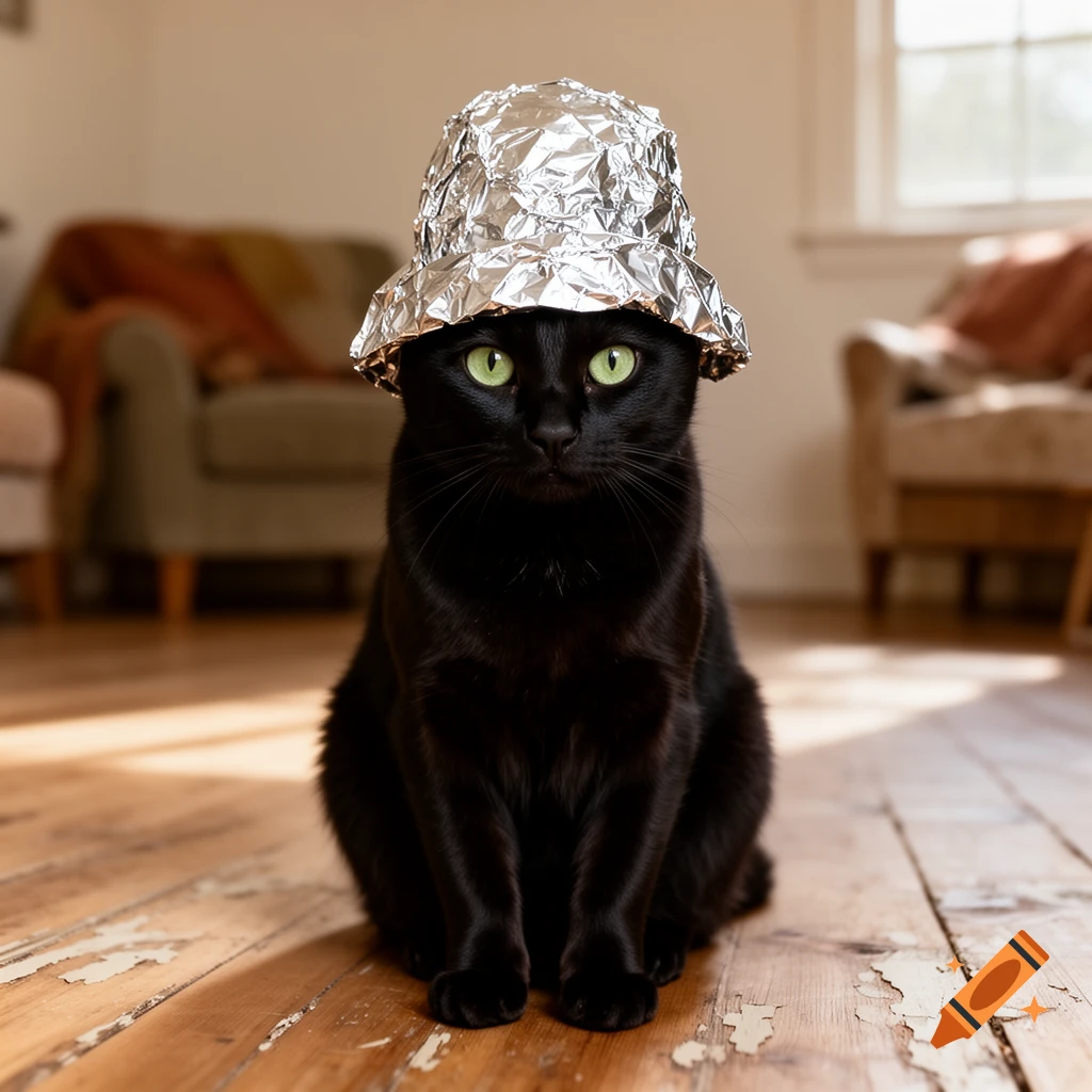 A black cat with bright green eyes sits on a wooden floor, wearing a crinkled tin foil hat in a brightly lit room.