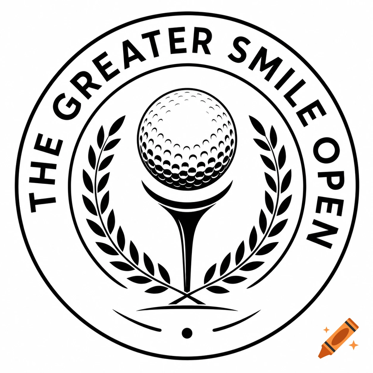 Black and white logo for The Greater Smile Open golf tournament, featuring a golf ball on a tee surrounded by laurel wreaths.
