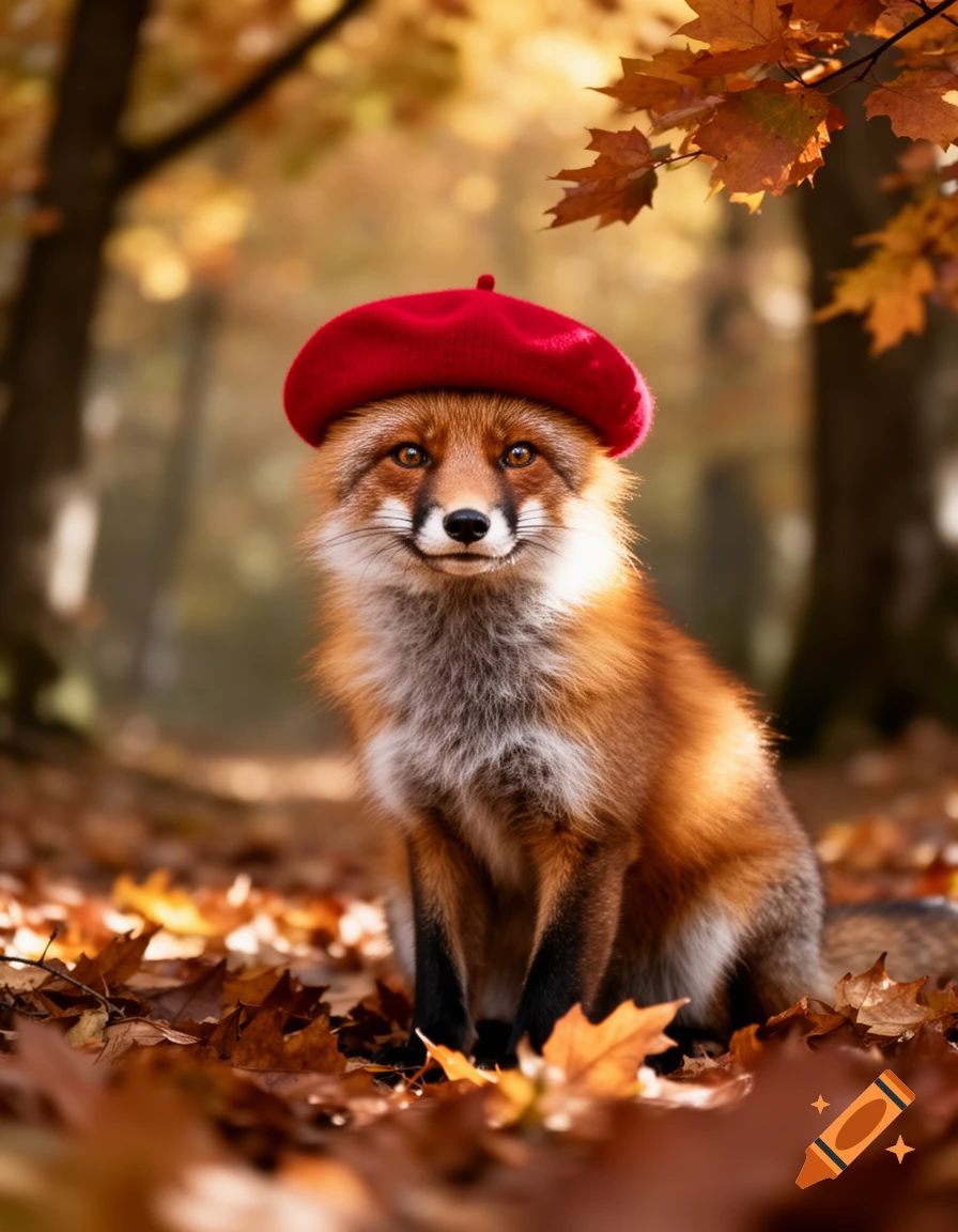 A photorealistic fox wearing a red beret sits among fallen autumn leaves in a forest.