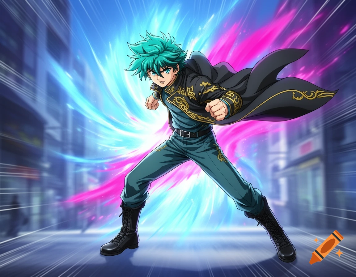 A vibrant anime male character with green spiky hair and a gold-embroidered black coat, lunging forward with a dynamic blue and pink energy aura.