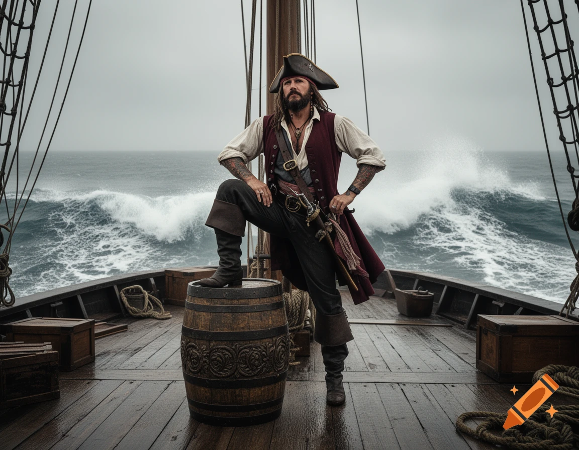 A photorealistic image of a confident pirate with one foot on a barrel on a ship's deck, stormy ocean behind him.