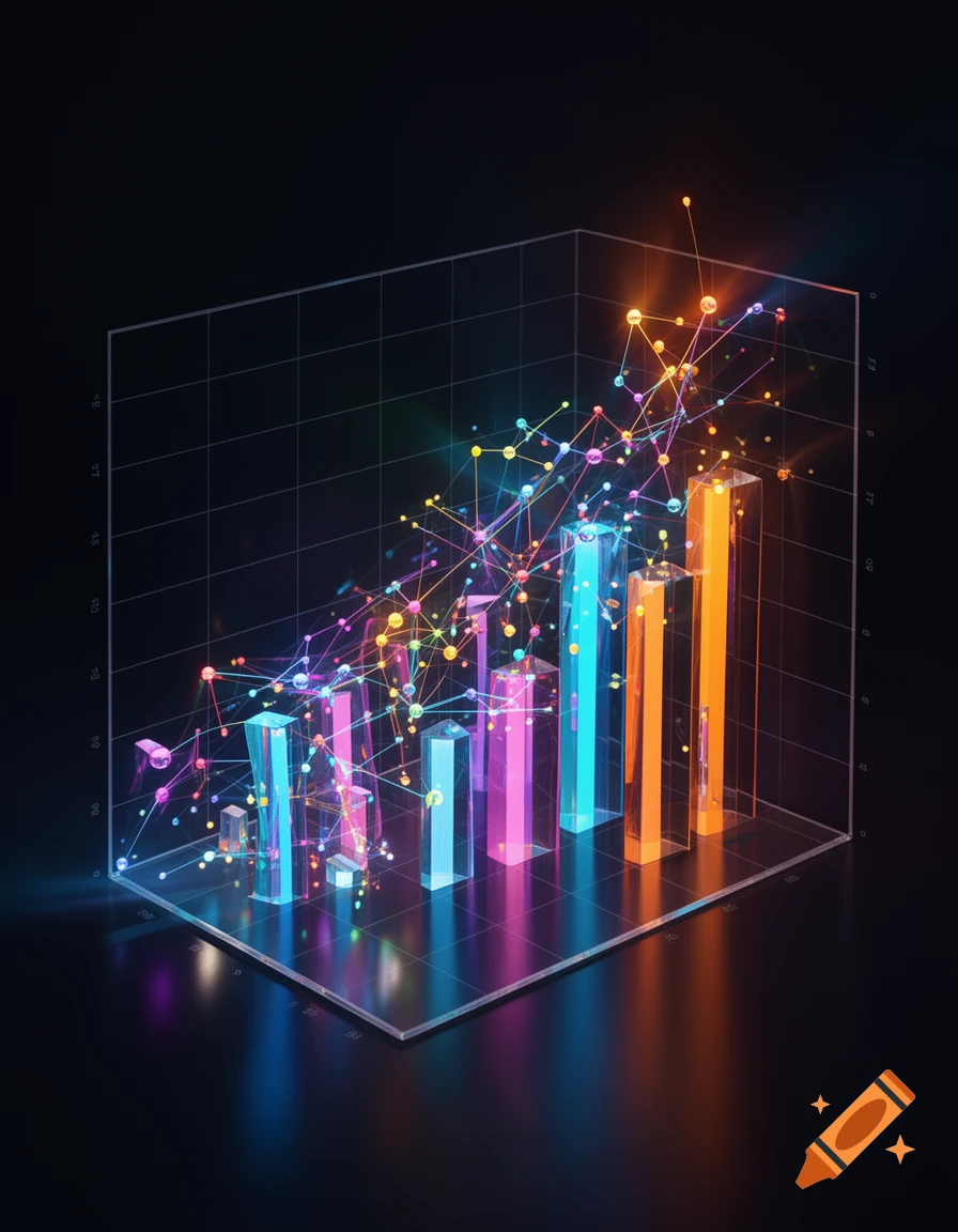 A colorful glowing 3D bar graph with connected nodes on a dark background, depicting data visualization.