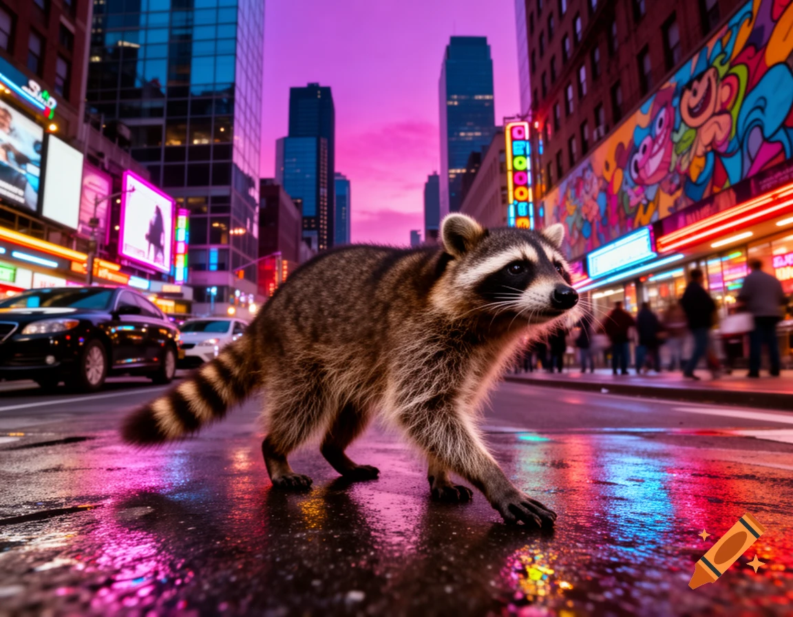 Photorealistic raccoon walking on a wet city street at night, illuminated by neon lights and a vibrant pink and purple sky, with cars and buildings in the background.