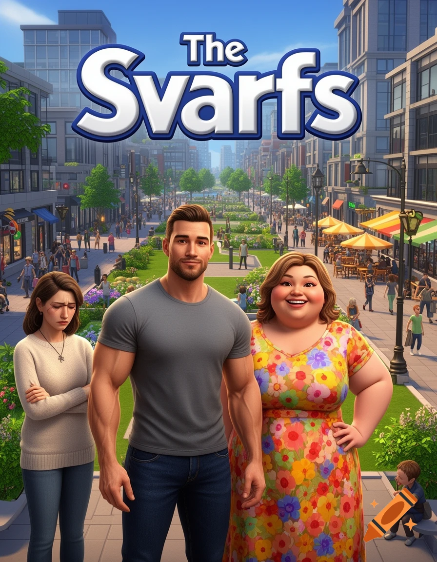 A stylized video game cover for "The Svarfs" featuring a muscular man, a smiling chubby woman in a floral dress, and a sad woman in an urban park setting.
