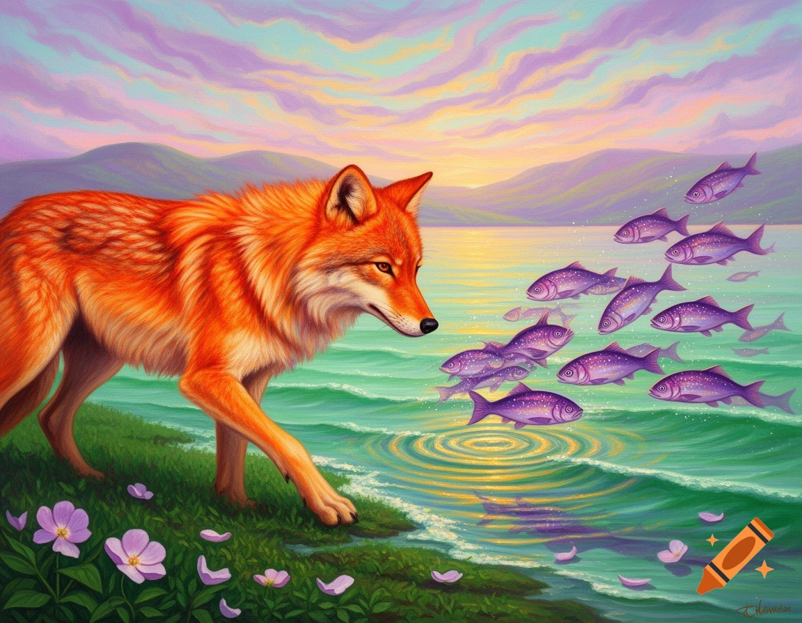 An orange fox on a green shore gazes at purple fish in vibrant green water under a colorful, surreal sky.