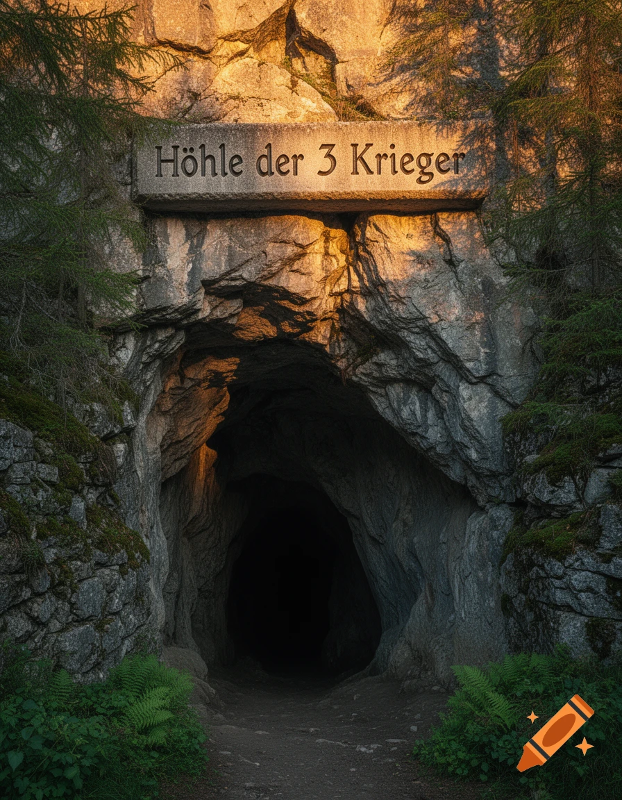 A stone sign reading "Höhle der 3 Krieger" above a dark cave entrance, surrounded by rocky terrain and trees, bathed in golden sunlight.