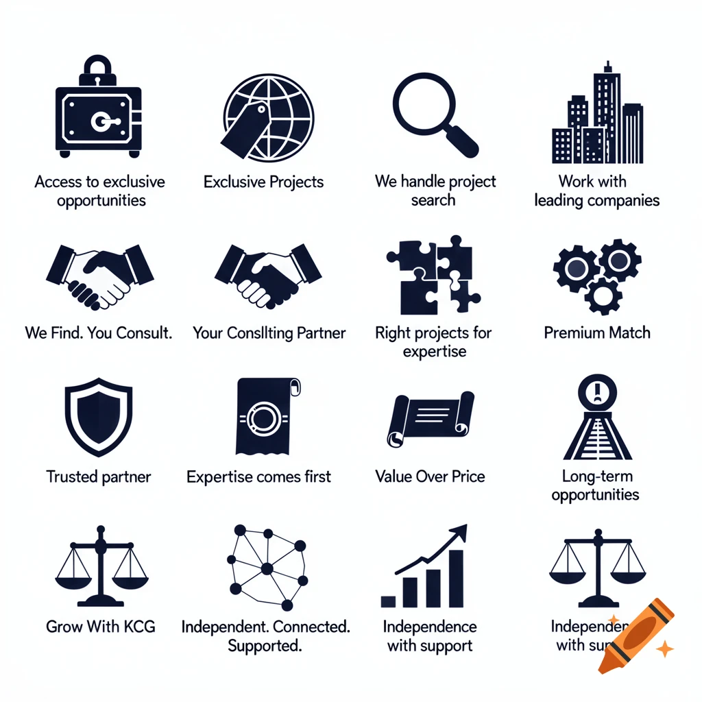 A grid of sixteen dark blue business-related pictograms with corresponding text labels on a white background, including a safe, globe, magnifying glass, city skyline, handshake, puzzle pieces, gears, shield, scroll, scales, network, and bar chart.