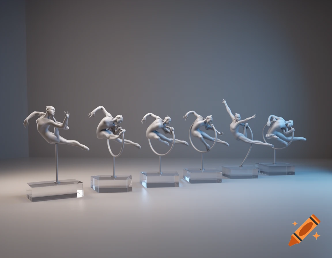 Six grey 3D figurines depicting a gymnastic wheel sequence with hoops on clear stands.