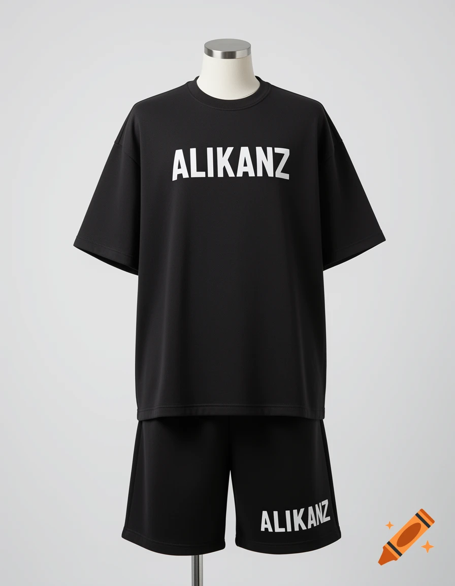 Black t-shirt and matching shorts with 'ALIKANZ' logo on a mannequin, studio product photo.