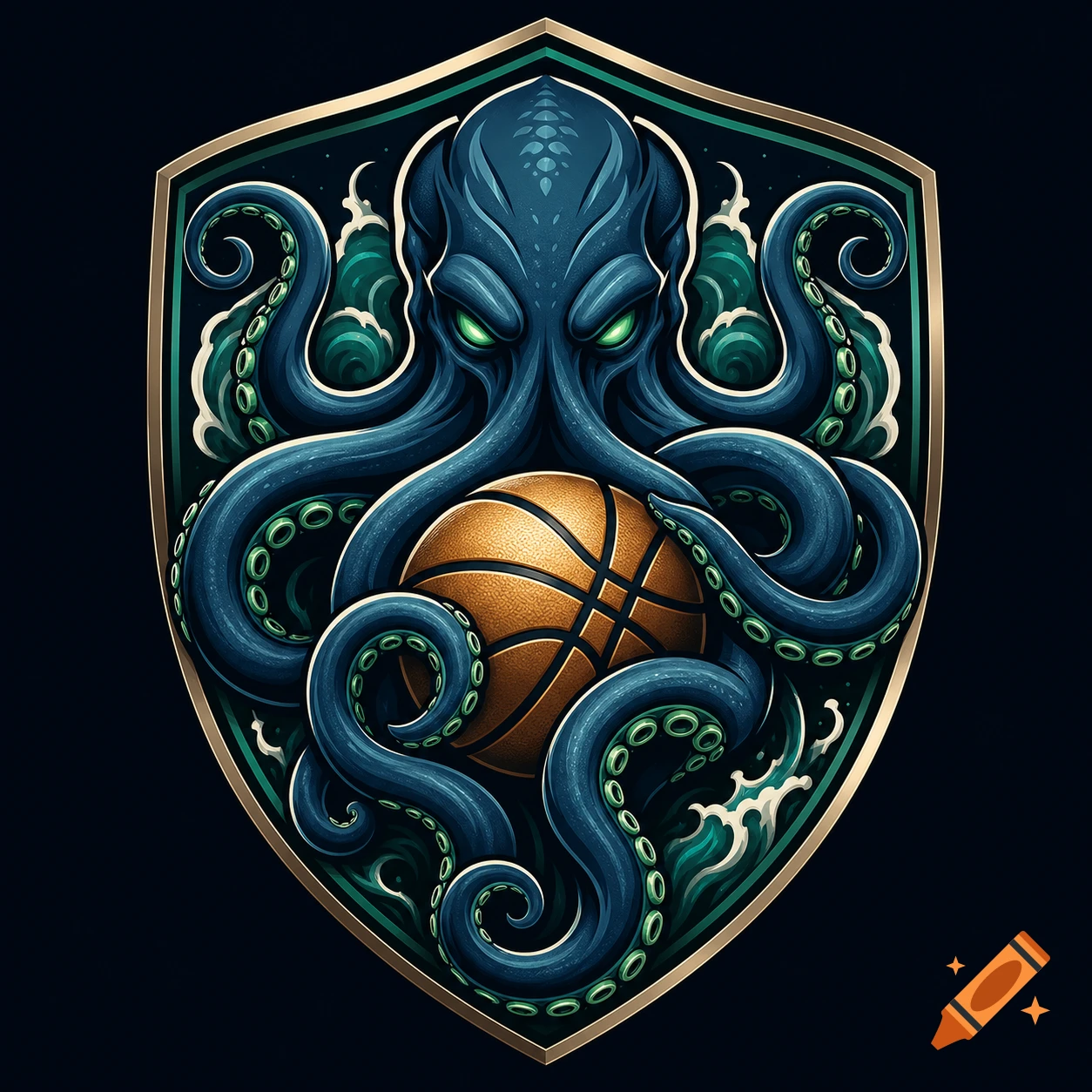 Stylized illustration of a blue kraken with glowing green eyes holding a basketball, centered within a golden shield emblem.