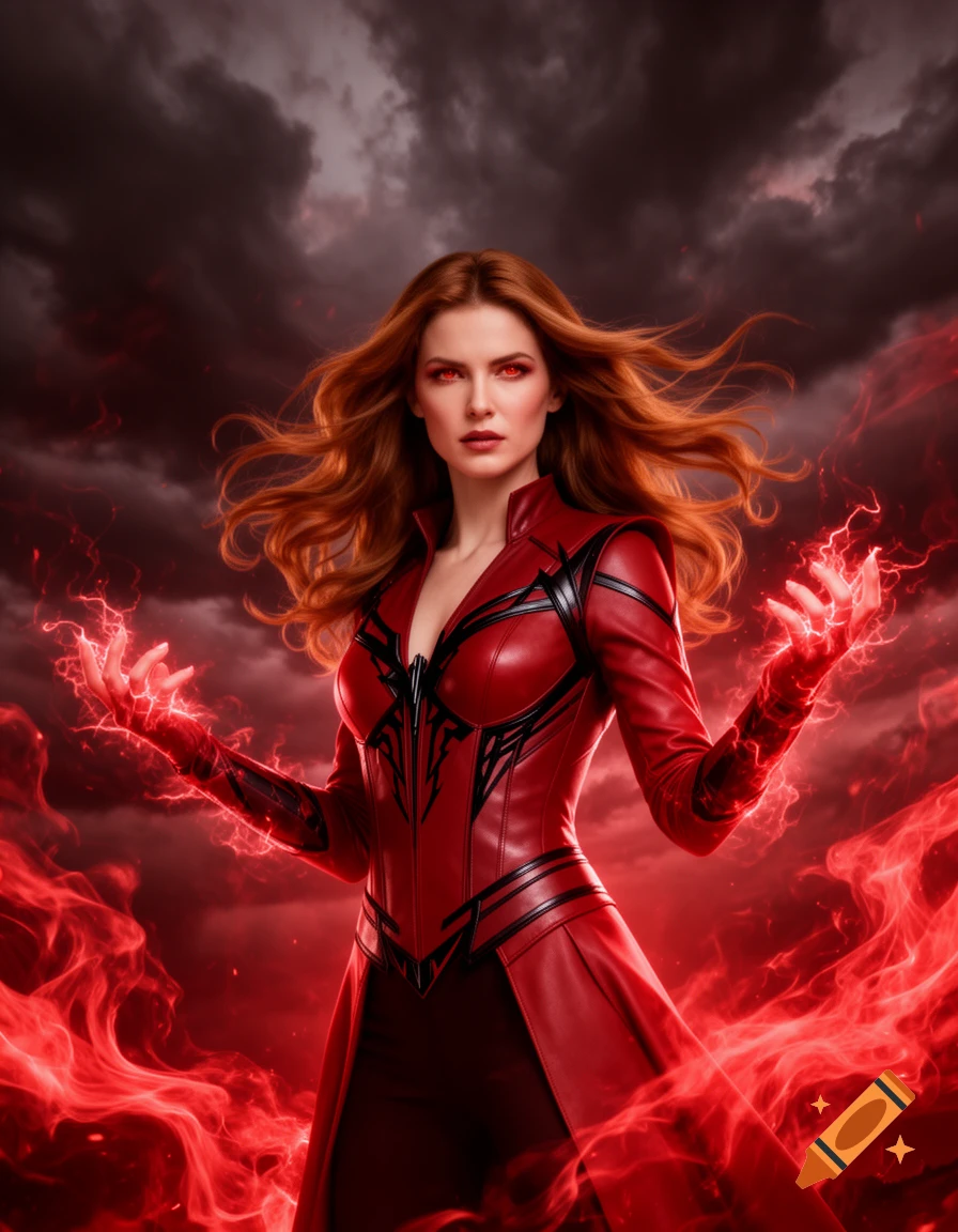 Photorealistic Scarlet Witch with red hair and glowing red eyes, manipulating red energy against a dark, stormy sky.