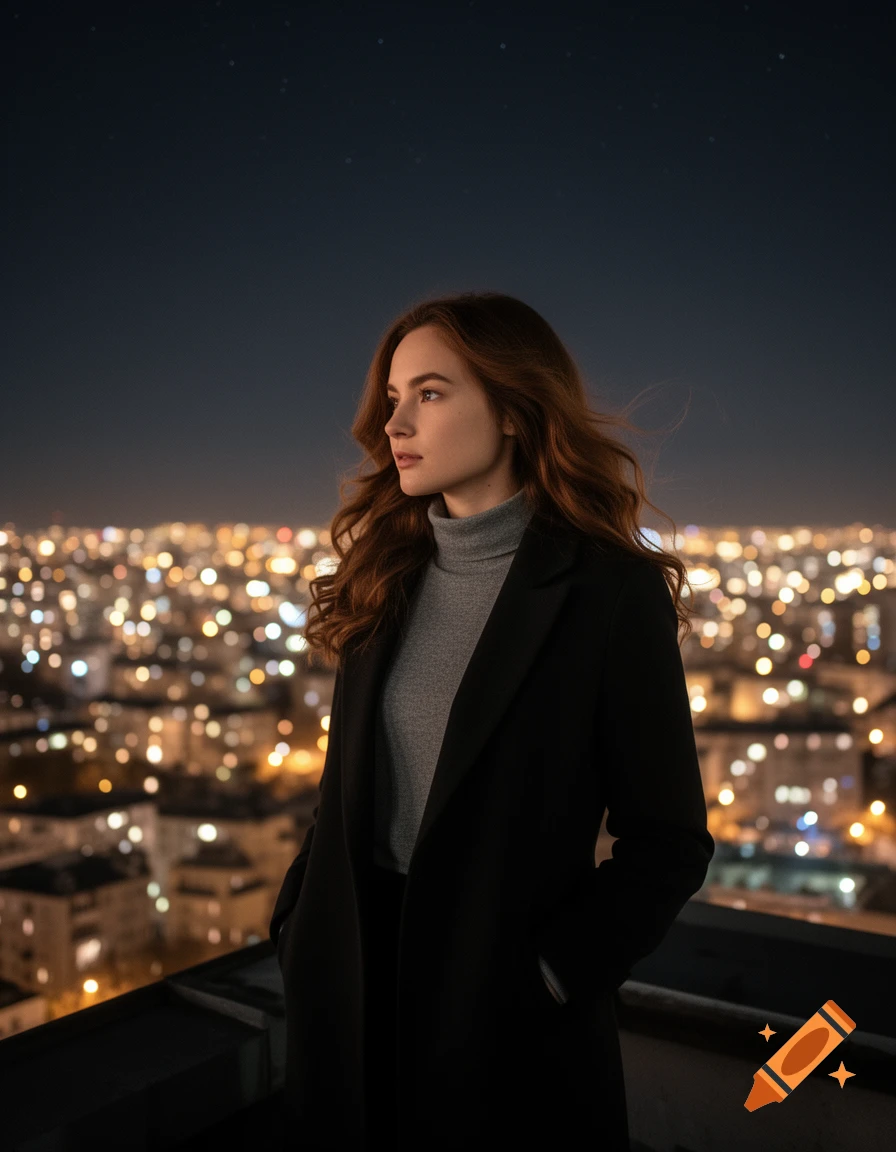 A woman with wavy hair stands on a rooftop overlooking a brightly lit city at night.