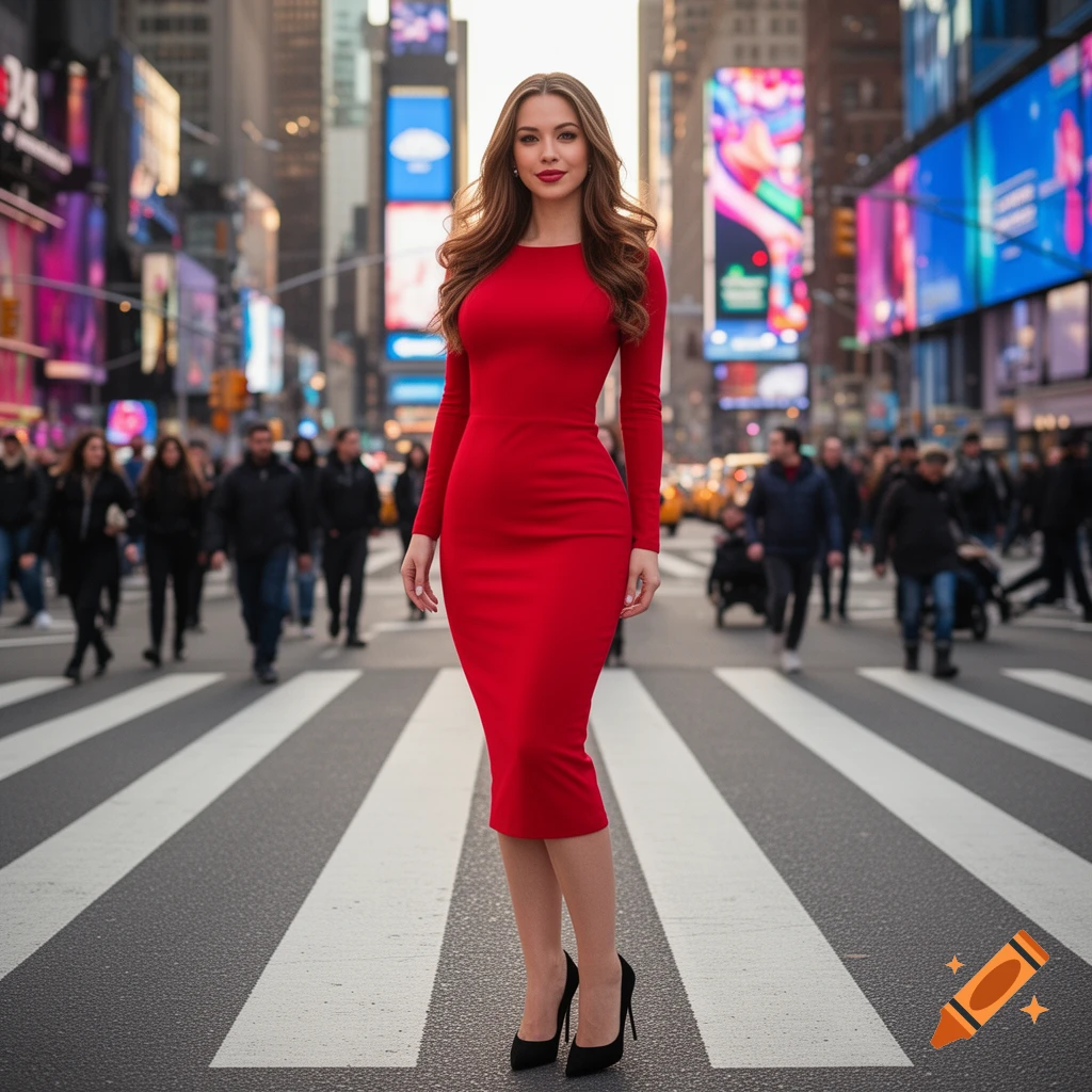 A stylish woman in a red dress stands on a pedestrian crossing in a bustling city street with bright billboards.