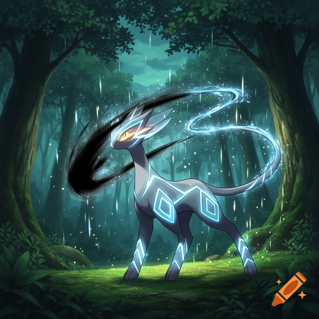 A stylized grey creature with glowing blue patterns and orange eyes, with a black and blue energy trail, in a dark, magical forest.