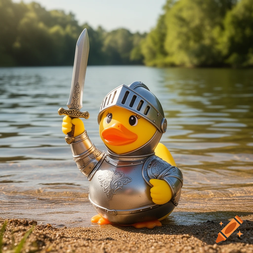 A photorealistic rubber duck knight in full armor holds a sword aloft, standing in shallow lake water at a sandy shore.