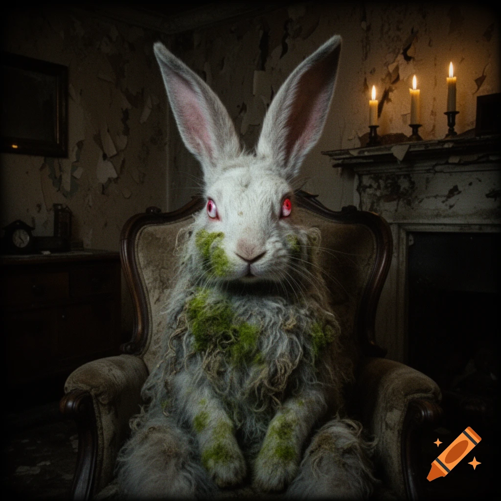 A creepy white rabbit with glowing red eyes and mossy fur sits in a derelict armchair in a dimly lit, abandoned room.