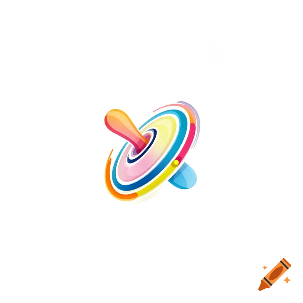A colorful, abstract illustration of an object resembling a spinning top or pacifier, with vibrant concentric rings.