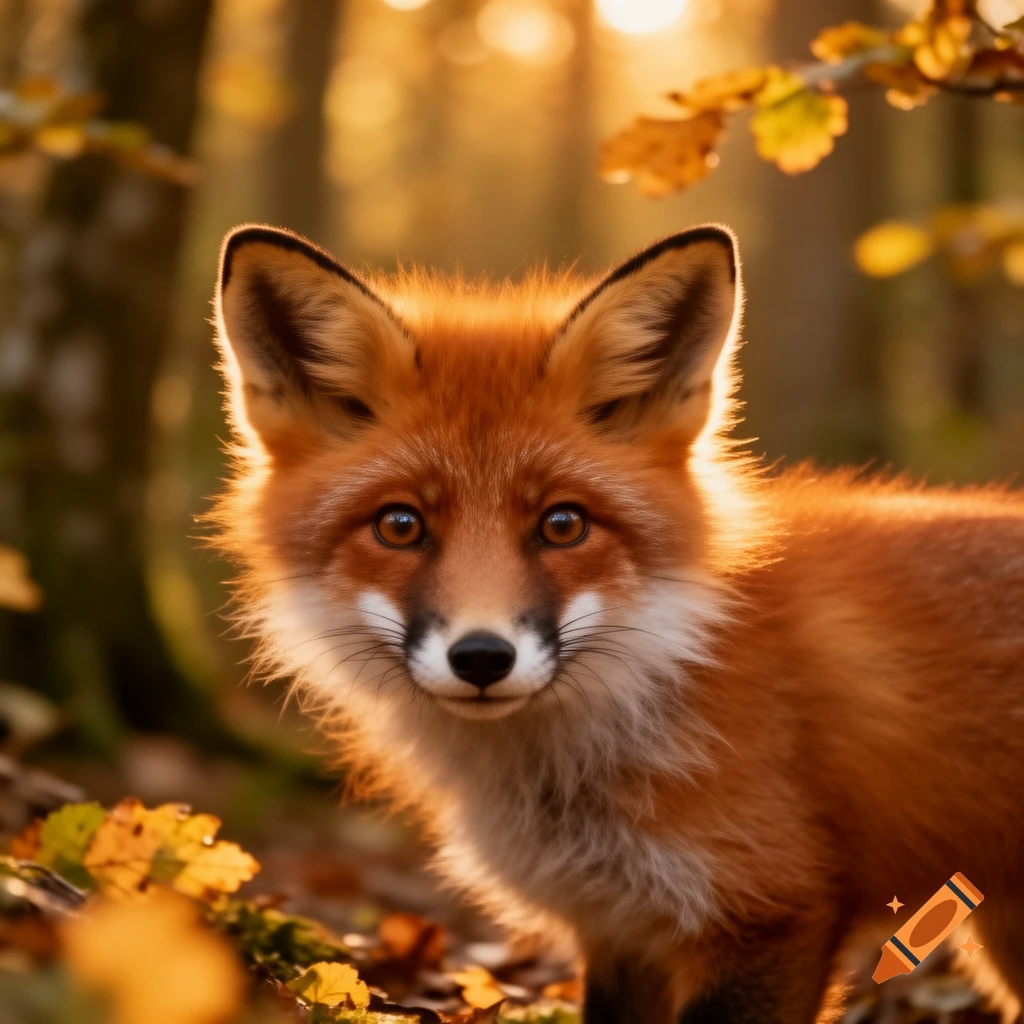 A cute red fox with warm fur and bright eyes looking directly at the camera in a sunlit autumn forest.