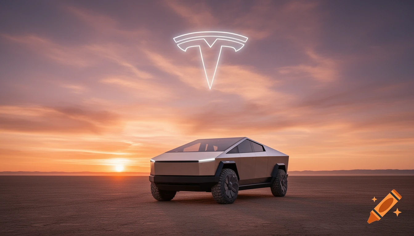 Tesla Cybertruck on a vast desert landscape at sunset, with a glowing Tesla logo floating in the sky. Photorealistic style.