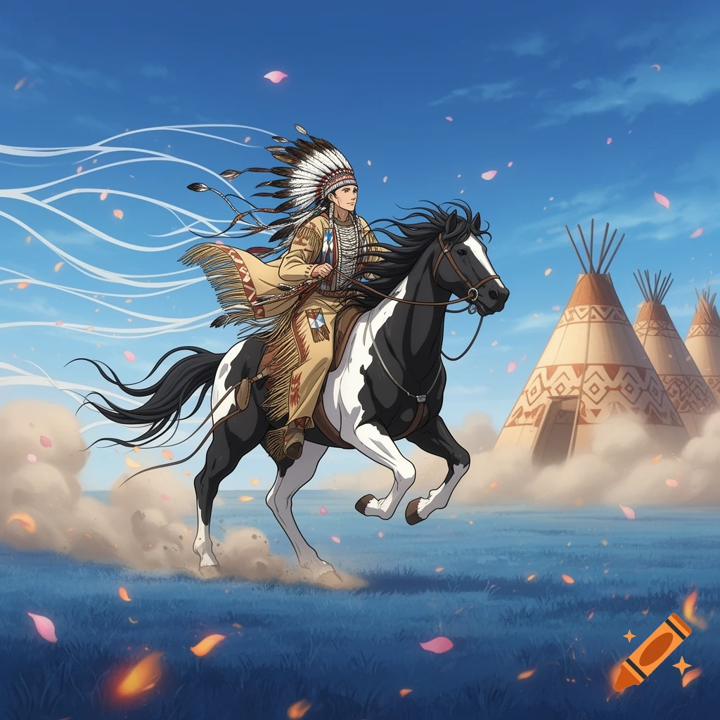 Anime-style Native American warrior in a headdress rides a black and white horse through a field with tipis in the background under a blue sky.