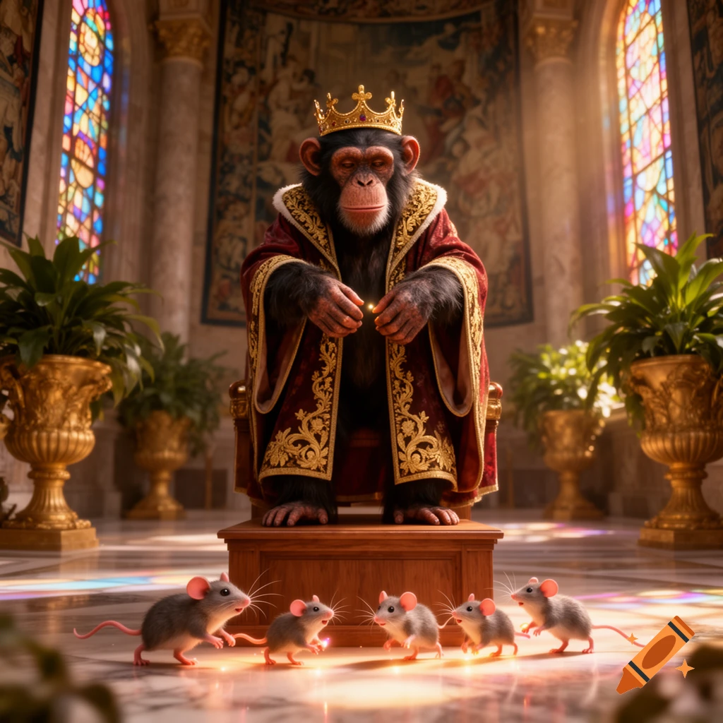 A chimpanzee king in a red robe and gold crown holds a glowing orb, surrounded by mice in a grand, ornate hall.