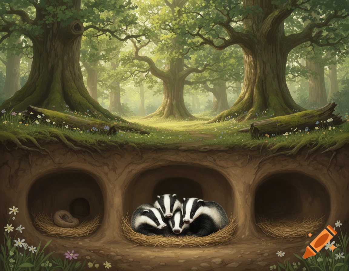 Three badger pups sleep curled together in a cozy underground den with nests, beneath a vibrant green forest canopy, in a detailed painting.