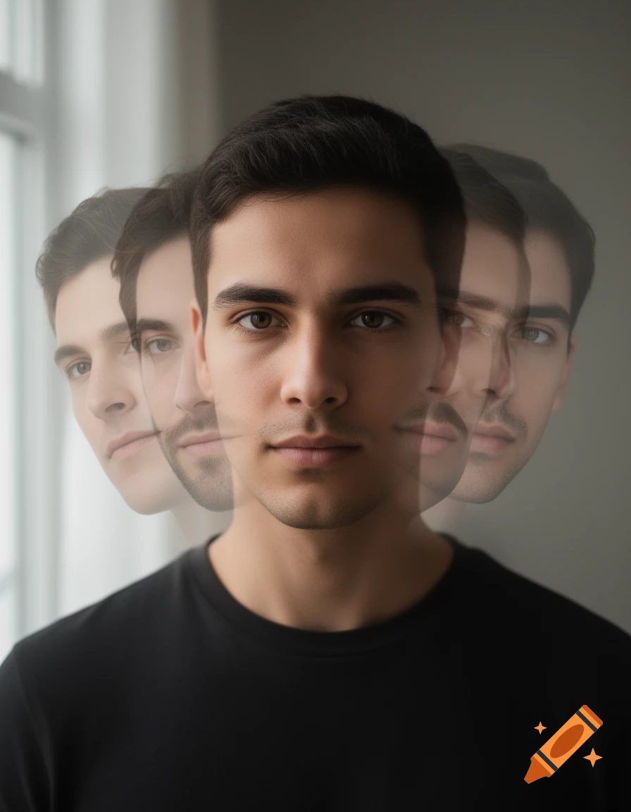 A photorealistic portrait of a man with multiple, semi-transparent faces receding into the background, creating a dissociative effect.