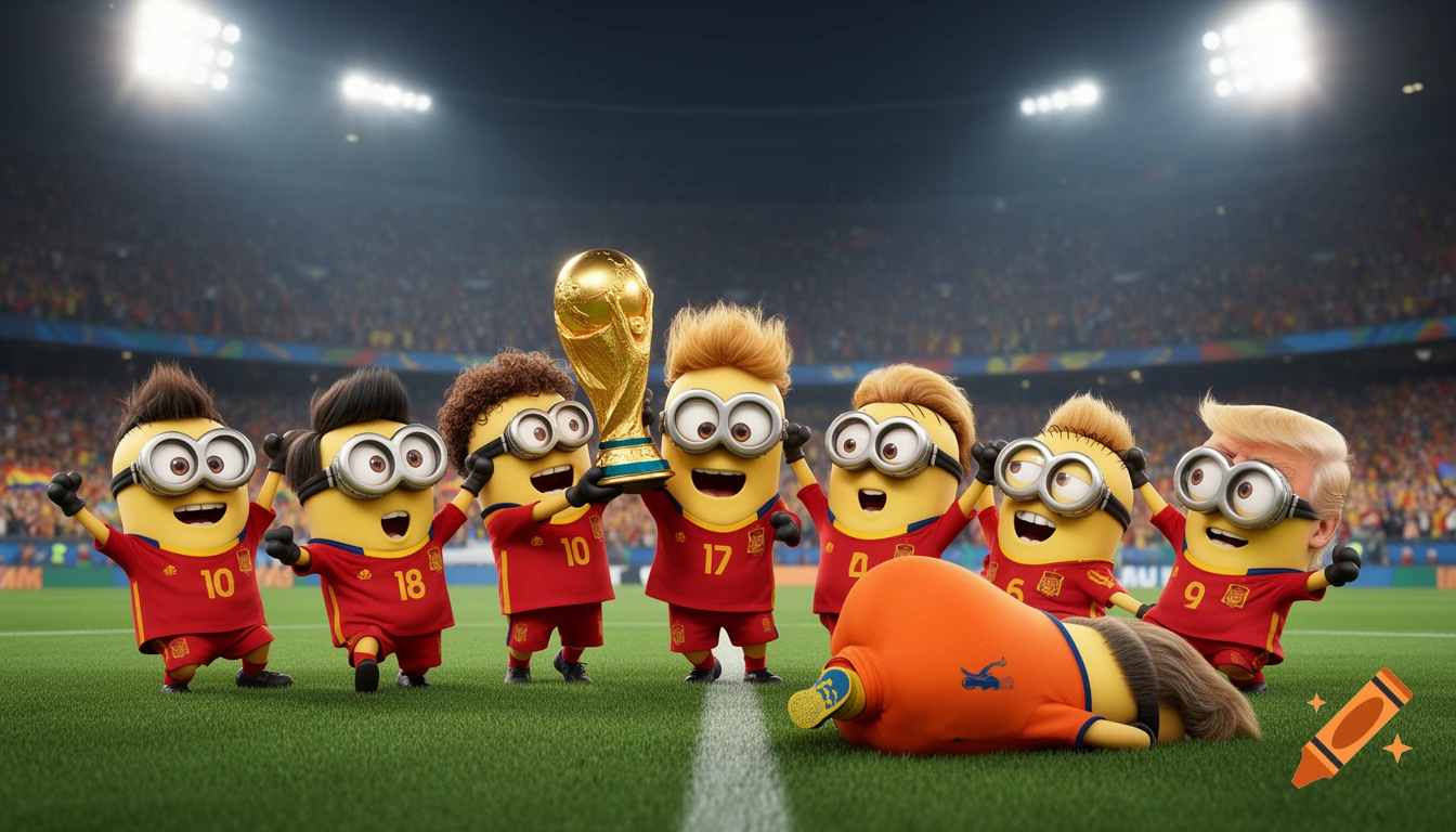 Minions dressed as Spanish football players celebrate winning the World Cup in a stadium, with one Minion kicking another Minion resembling Donald Trump.