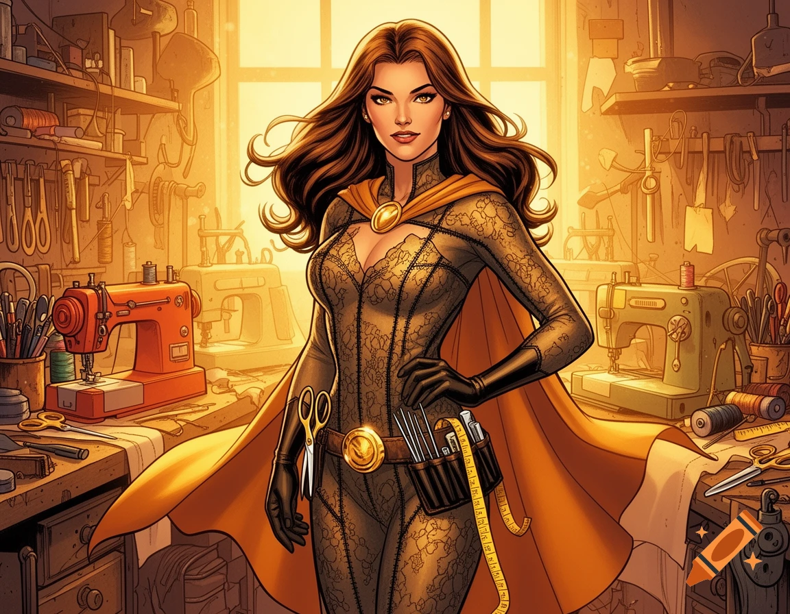 A brown-haired superheroine in a couture-inspired costume with a cape and tool belt stands heroically in a bright sewing workshop. Comic book illustration.