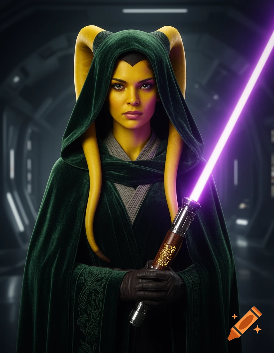 Photorealistic portrait of a yellow-skinned Twi'lek Jedi in a green velvet hooded cloak, holding a glowing purple lightsaber.