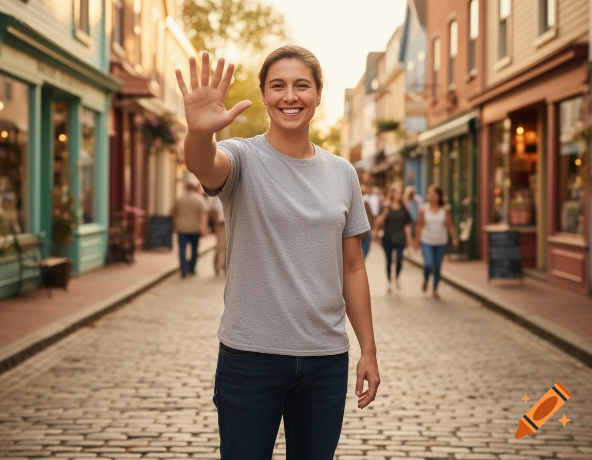 A smiling woman in a gray t-shirt and jeans waves to the camera on a cobblestone street lined with shops.