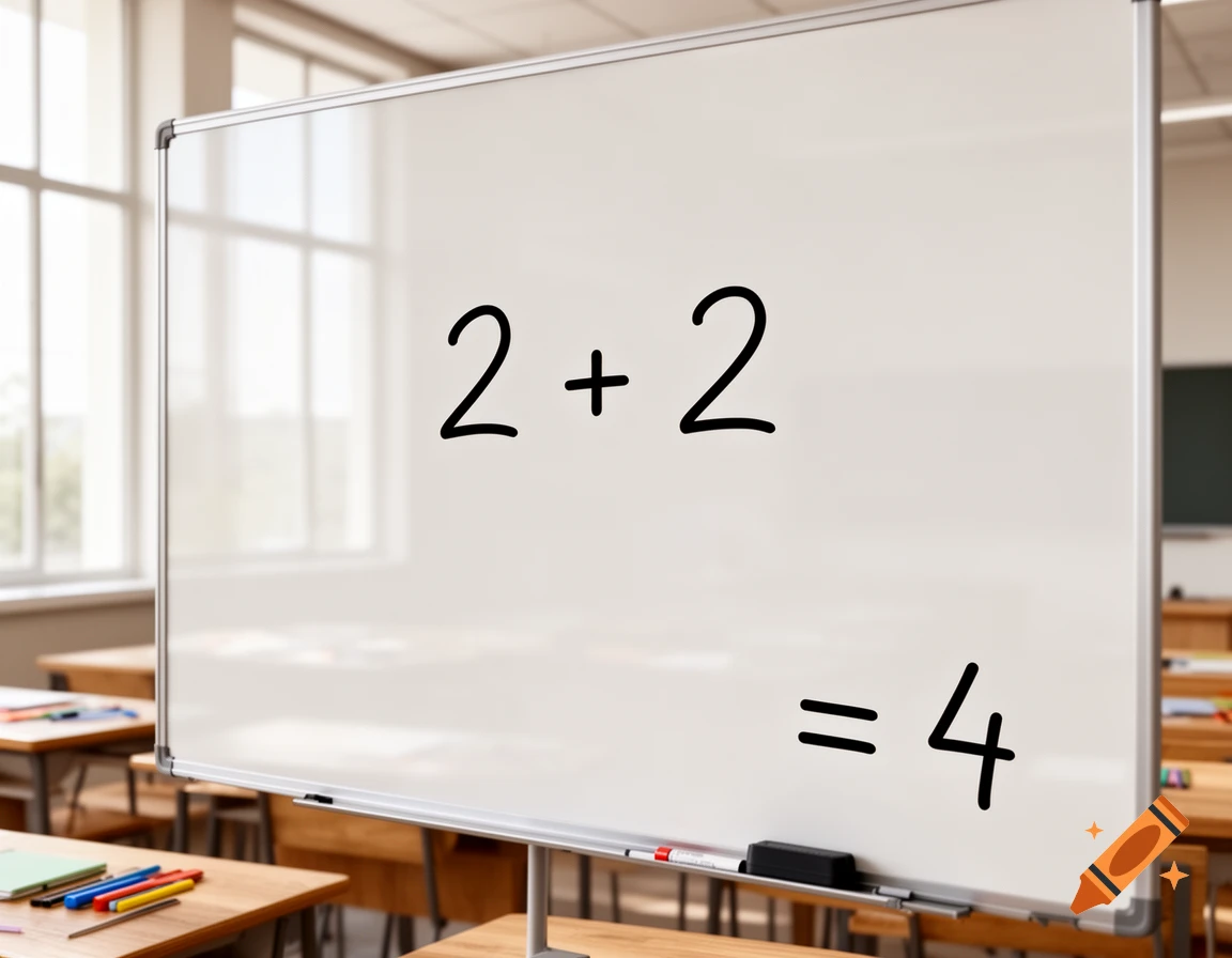 A whiteboard in a classroom displays the equation 2+2=4.