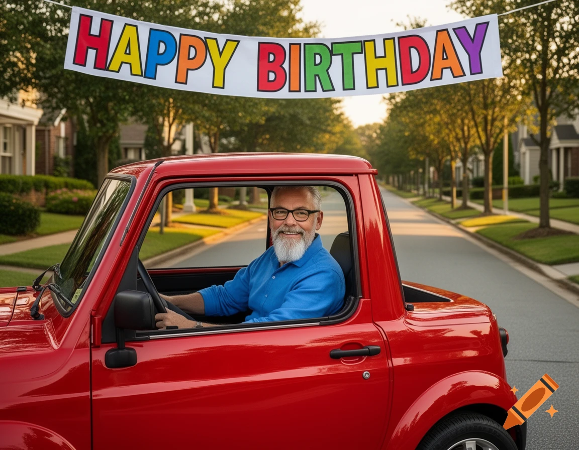 A smiling man with glasses and a white beard sits in a red truck under a "HAPPY BIRTHDAY" banner on a suburban street.