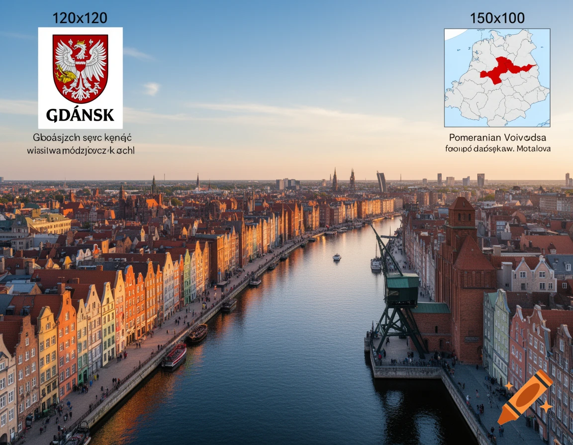 Aerial view of Gdansk, Poland, with colorful historic buildings lining a river, a large crane on the right, and two information boxes in the sky depicting a coat of arms and a map.