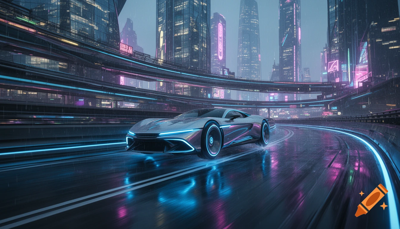 Sleek futuristic car with blue LED trim speeding on a neon-lit highway in a rainy cyberpunk city with tall skyscrapers.
