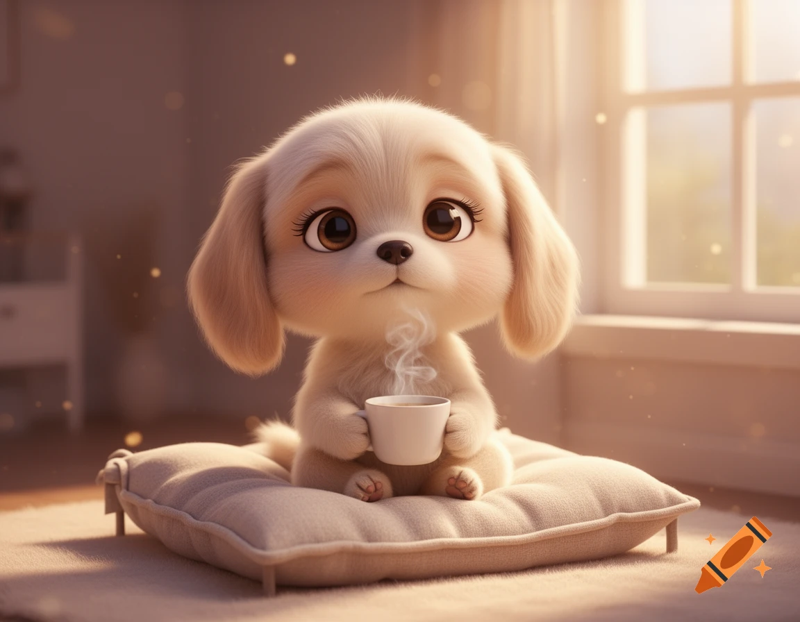 A cute, fluffy 3D rendered puppy with big eyes sits cross-legged on a cushion, holding a steaming coffee cup near a sunlit window.