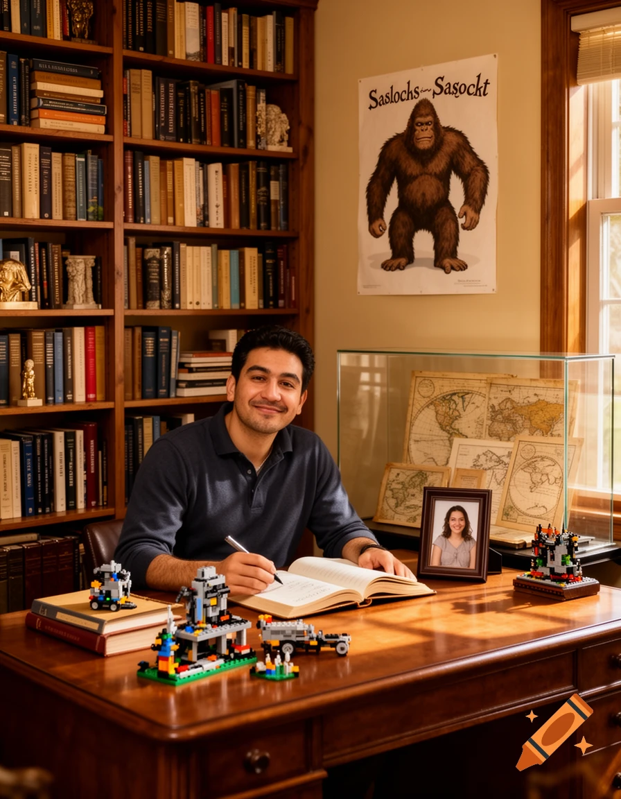 A man smiles while writing at a wooden desk with Lego creations, books, and a Sasquatch poster in a cozy study.