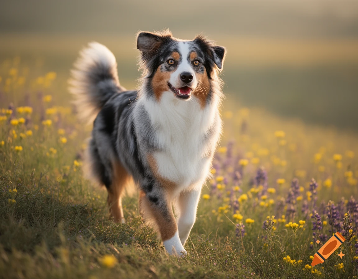 A photorealistic Australian Shepherd dog with merle, white, and tan fur walks through a field of yellow and purple wildflowers at sunset.