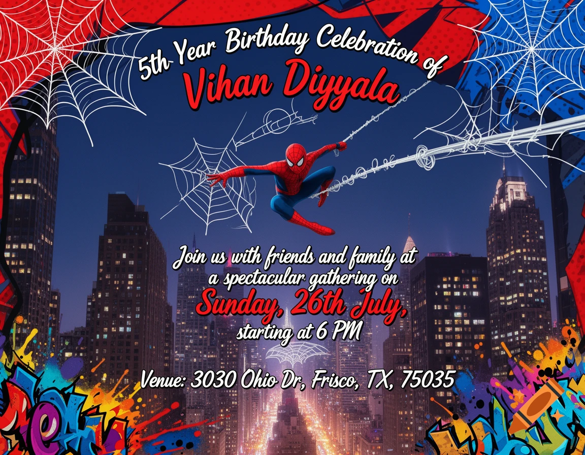 Spiderman themed birthday invitation card for Vihan Diyyala, featuring Spiderman swinging above a city skyline with event details.
