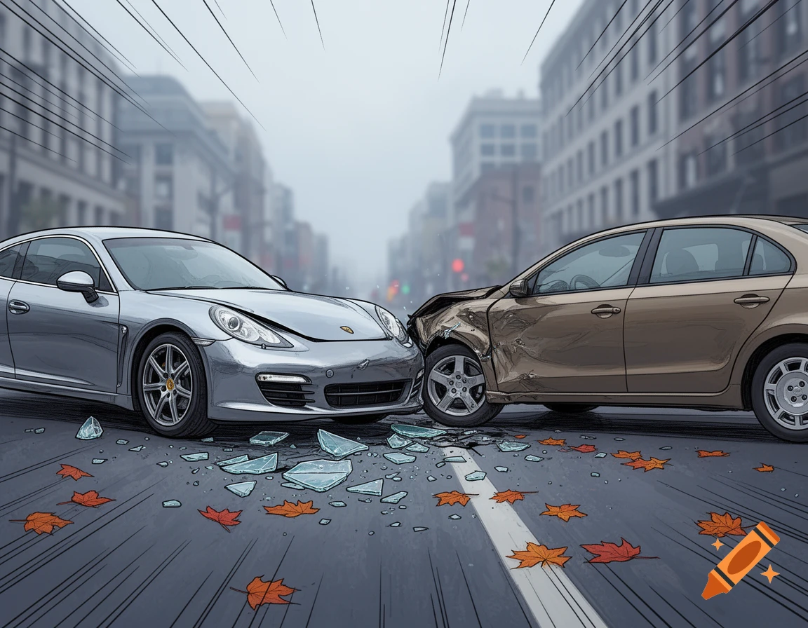 Drawing of a silver sports car and a brown sedan after a collision on a city street, with broken glass and leaves.