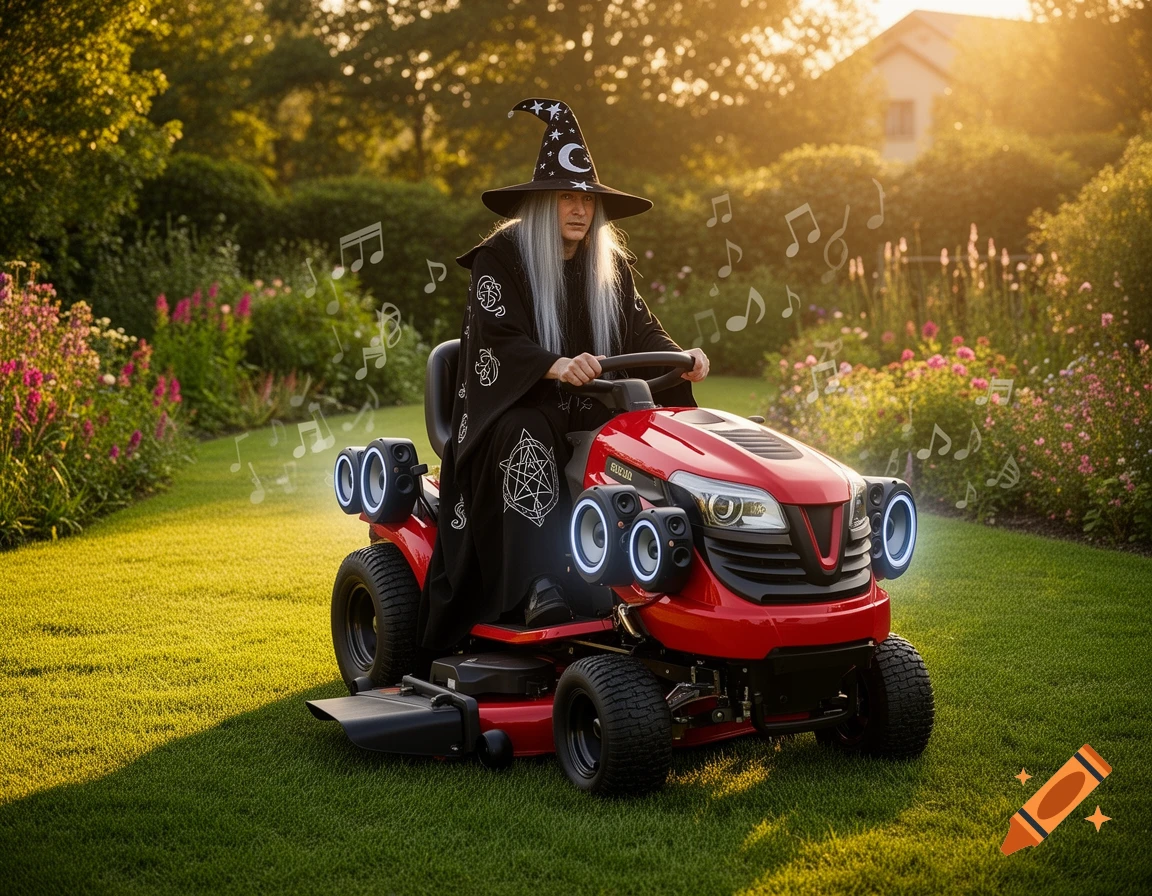 A warlock with long grey hair and a pointy hat drives a red lawnmower with speakers, surrounded by floating musical notes in a sunny garden.