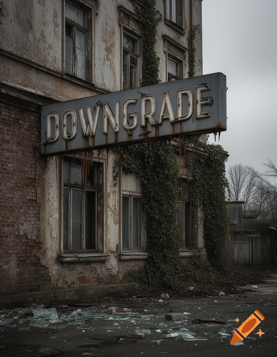 An abandoned, dilapidated building covered in ivy with a rusty "DOWNGRADE" sign above broken glass on the ground.